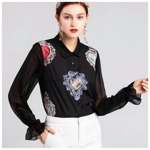 Black Red Sheer Sleeve Heart Top Size Small